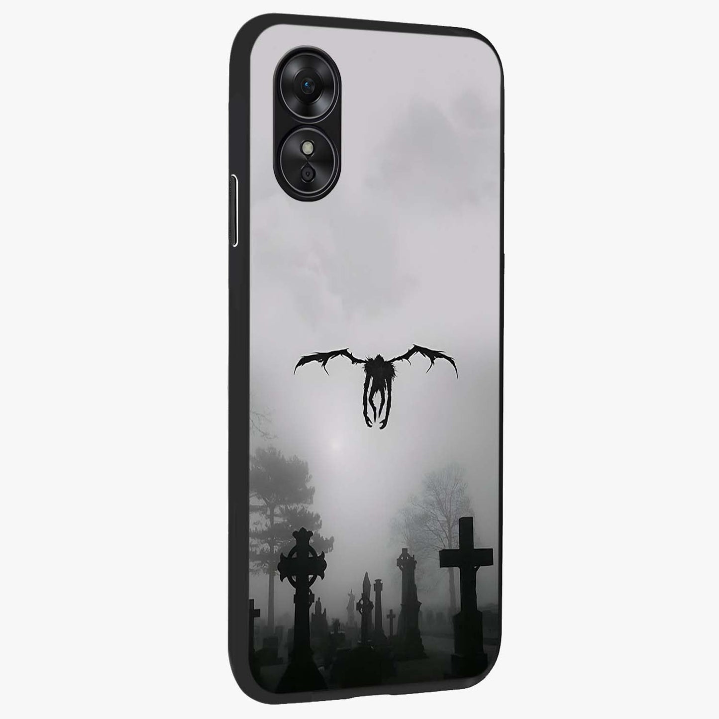 Graveyard Shadow Descent Glass Case upright view showcasing haunting graveyard artwork with dramatic dark theme.