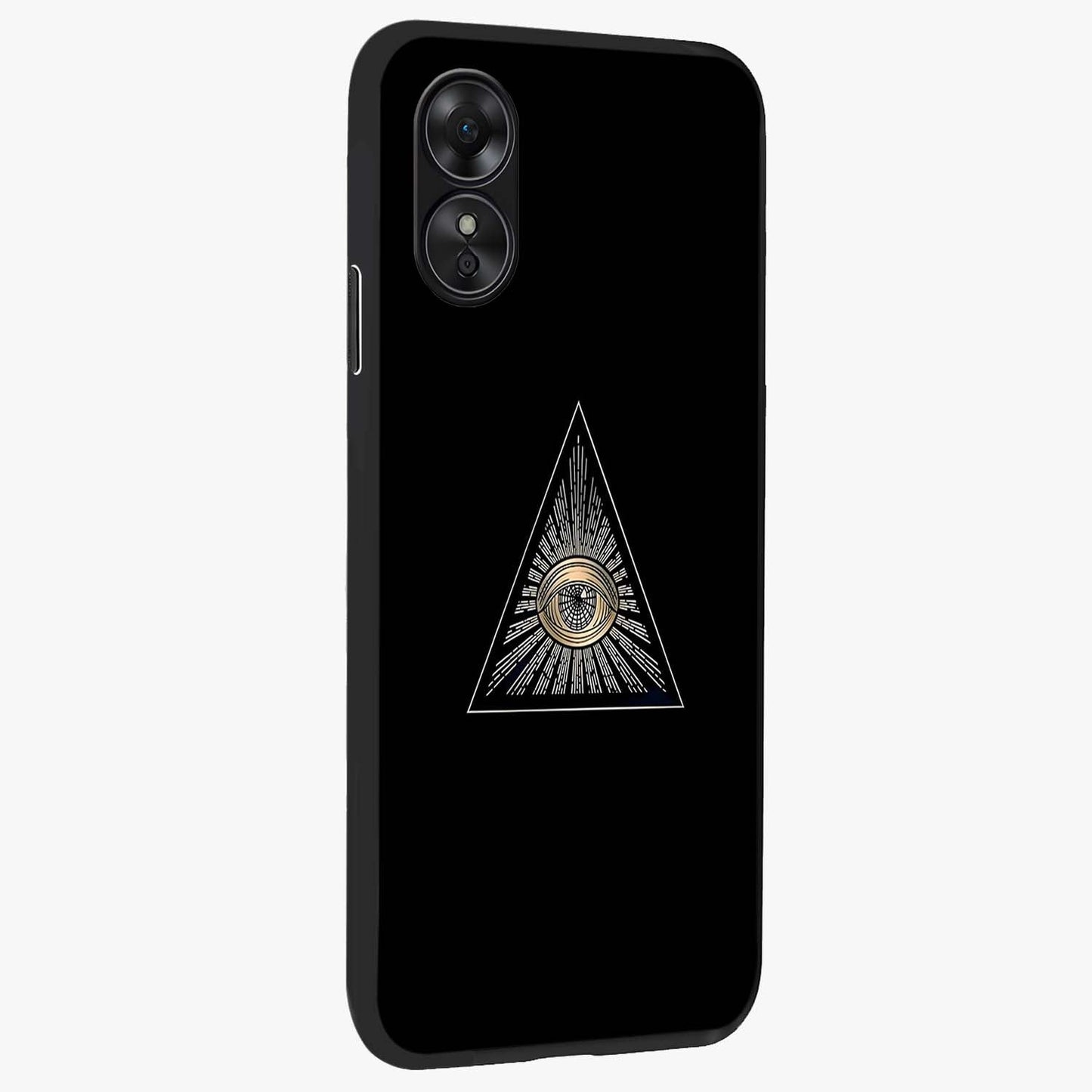 Illuminati Evil Glass Case upright view showcasing striking illuminati artwork with mysterious symbolic theme.