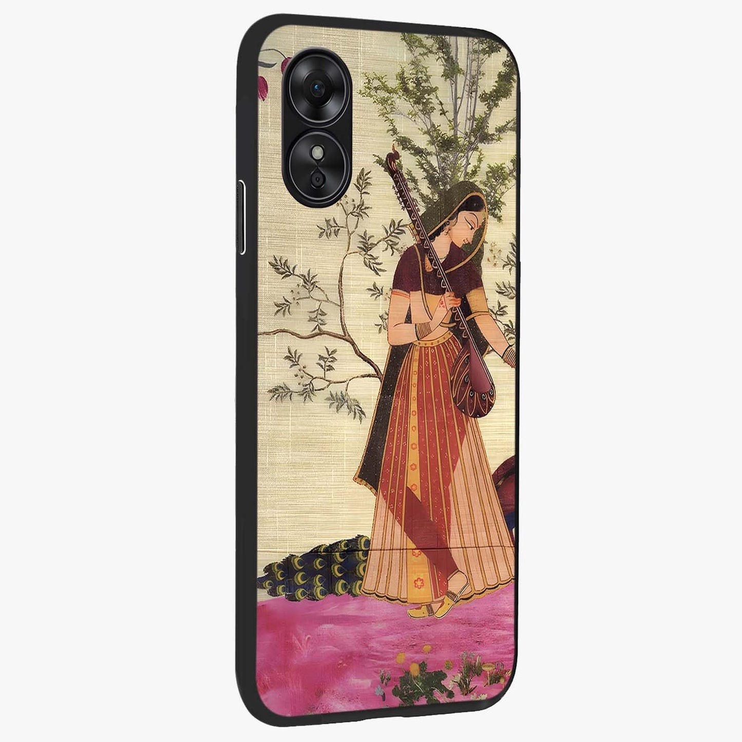 Lady With Veena Art Glass Case upright view showcasing classical veena artwork with traditional artistic theme.
