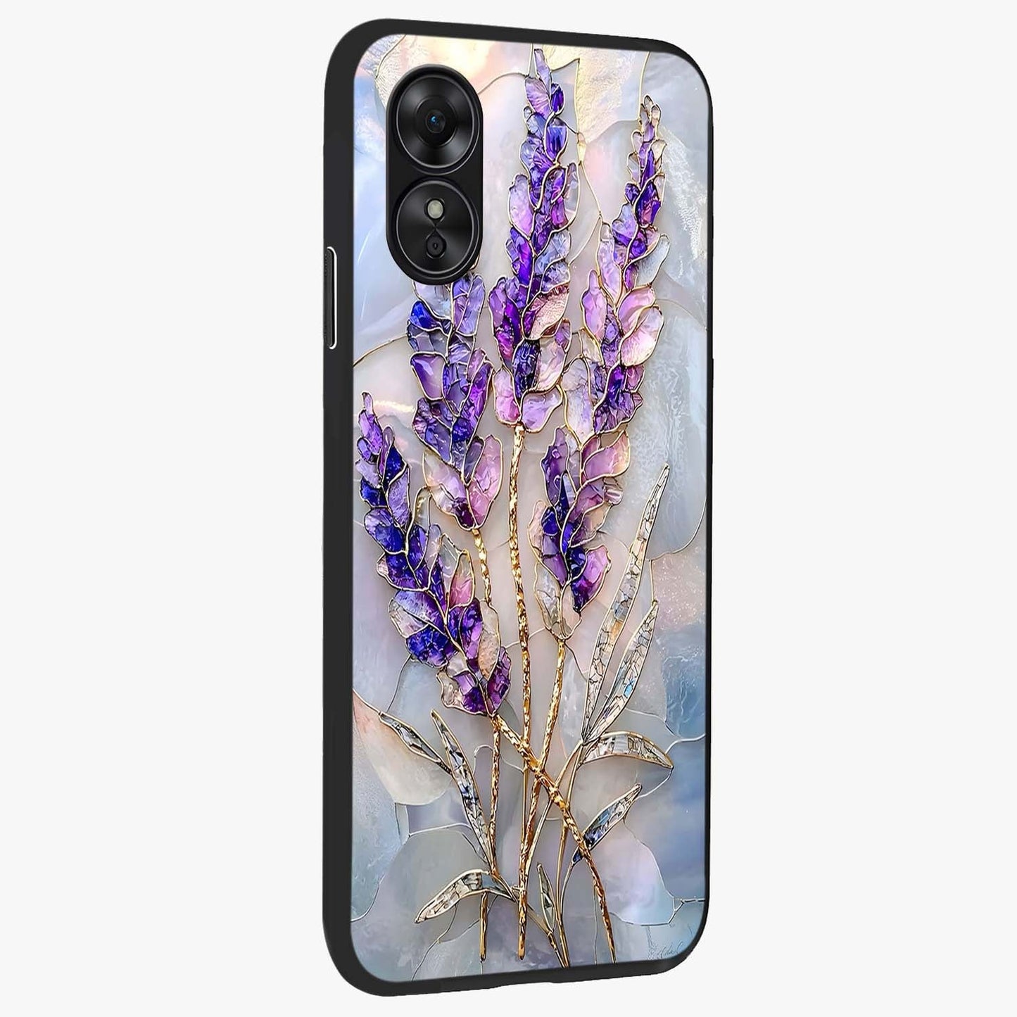 Lavender Dream Glow Glass Case upright view showcasing radiant lavender glow artwork with calming dreamy theme.