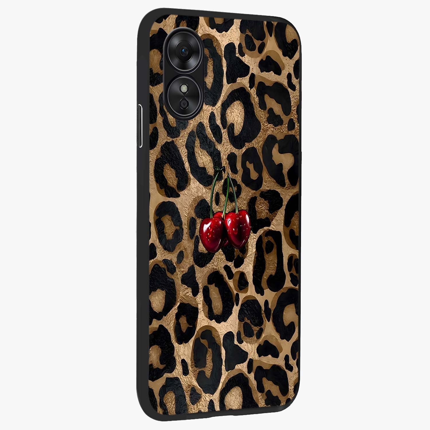 Leopard Wild Cherry Glass Case upright view showcasing stylish leopard pattern artwork with trendy fashion theme.