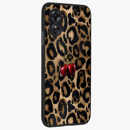 Leopard Wild Cherry Glass Case upright view showcasing stylish leopard pattern artwork with trendy fashion theme.