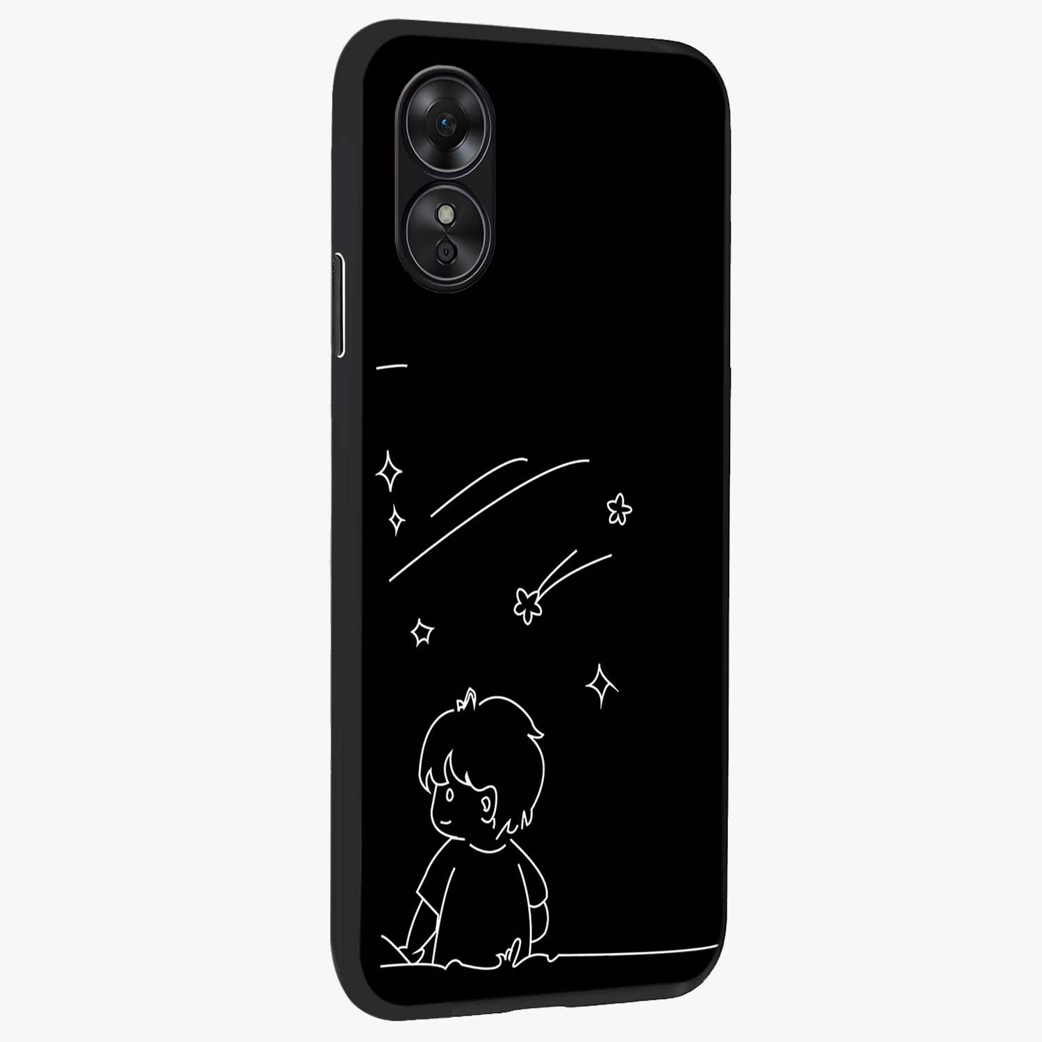 Line Art Boy With Shooting Stars Glass Case upright view showcasing artistic shooting star illustration with minimal style.