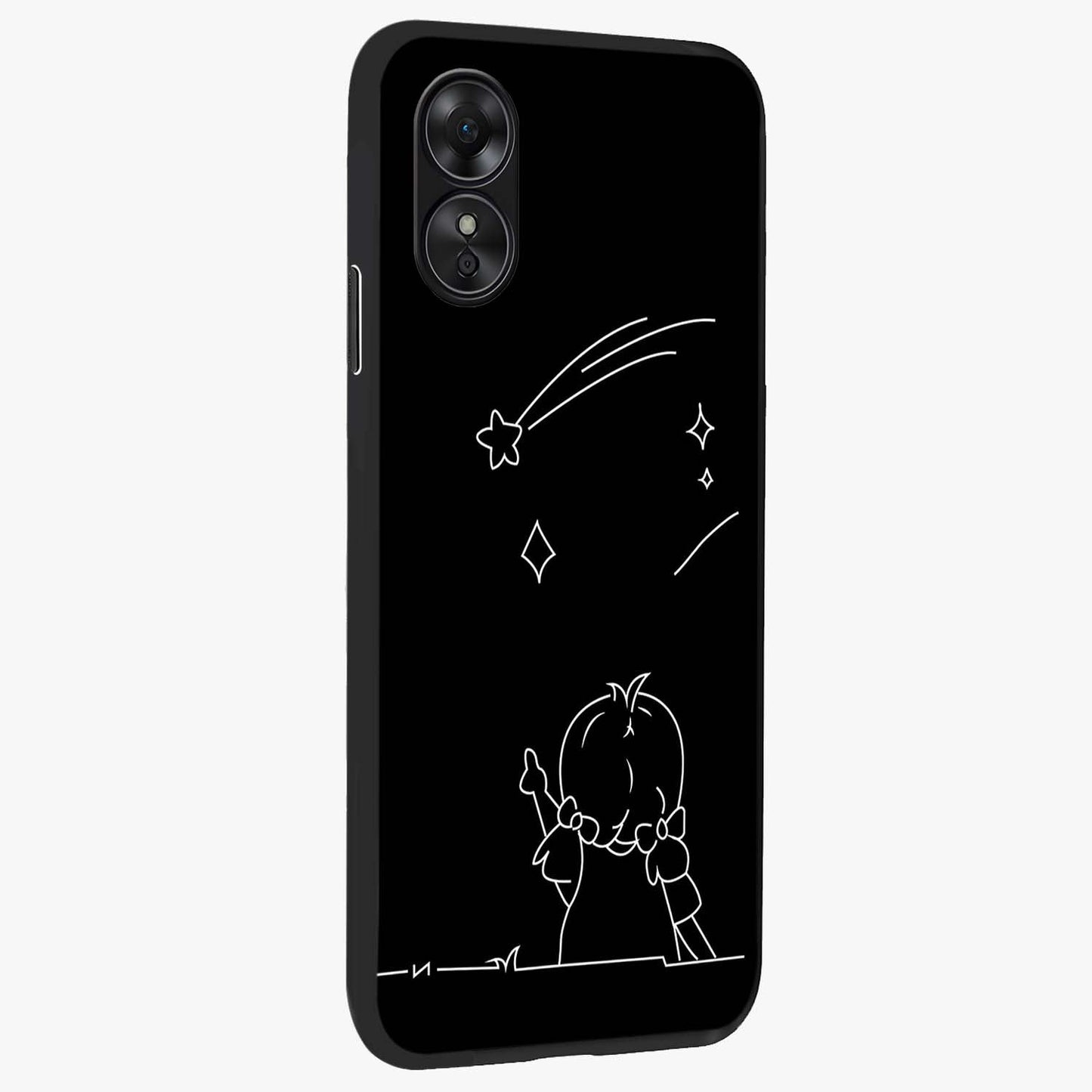 Line Art Girl With Shooting Stars Glass Case upright view showcasing delicate shooting stars artwork with minimal artistic theme.