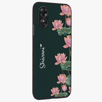 Lotus Bloom Serenity Custom Name Glass Case upright view showcasing serene lotus bloom artwork with personalized floral aesthetic.