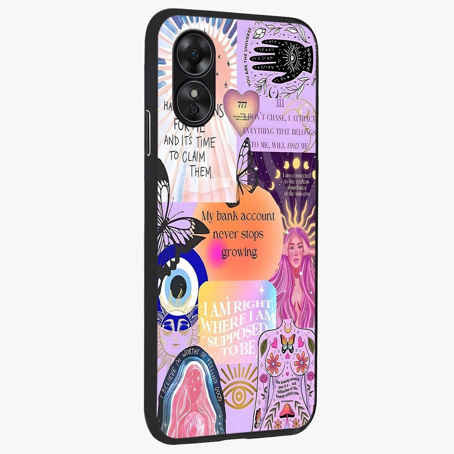 Manifestation Collage Glass Case upright view showcasing artistic manifestation themed artwork with creative style.