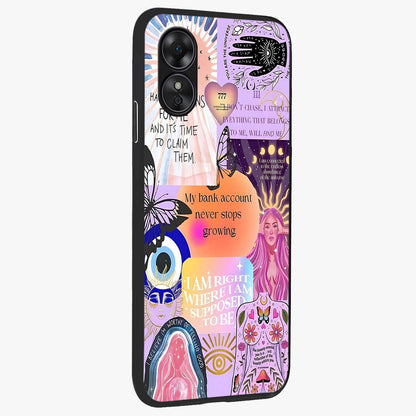 Manifestation Collage Glass Case upright view showcasing artistic manifestation themed artwork with creative style.