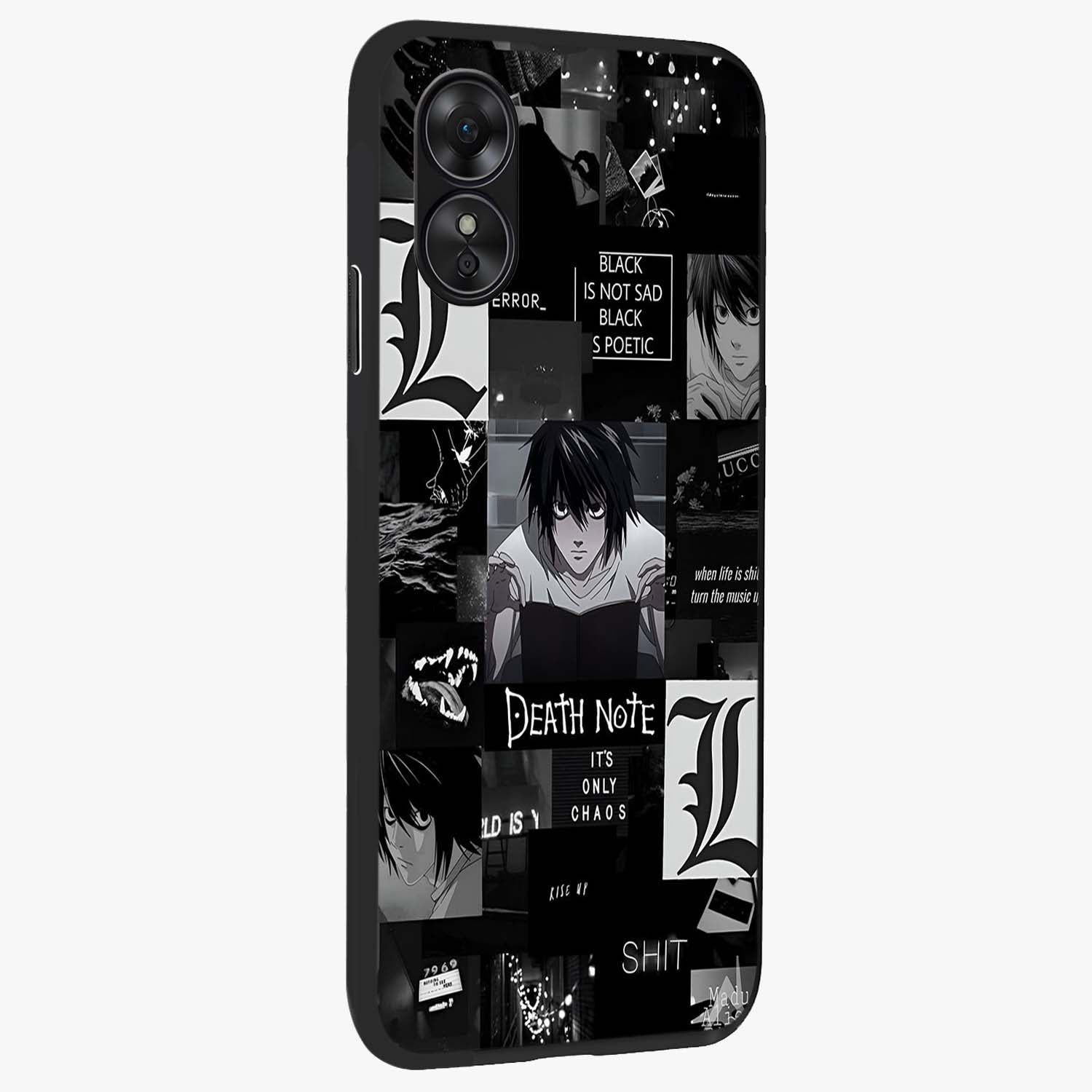 Midnight Chaos Mind Glass Case upright view showcasing expressive abstract artwork with bold dark theme.