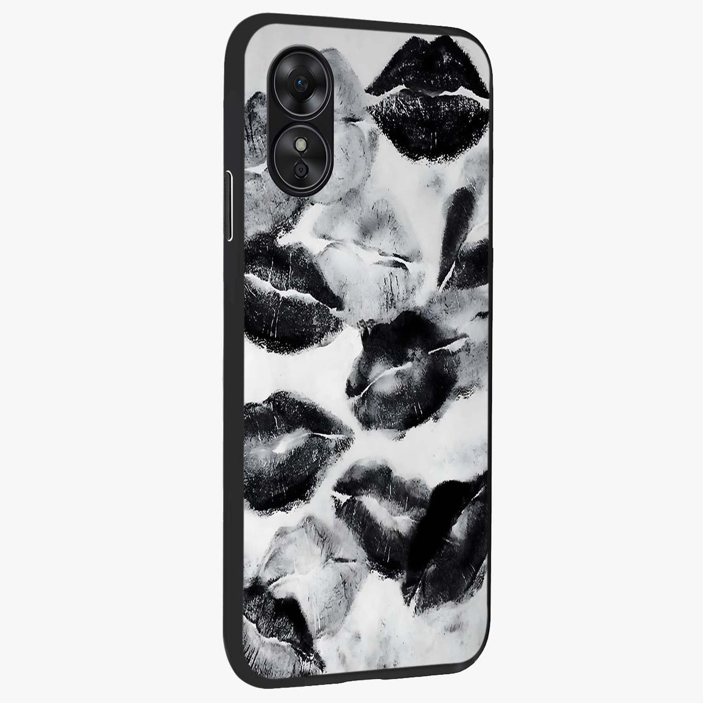 Midnight Kiss Marks Glass Case upright view showcasing stylish kiss mark artwork with trendy romantic theme.