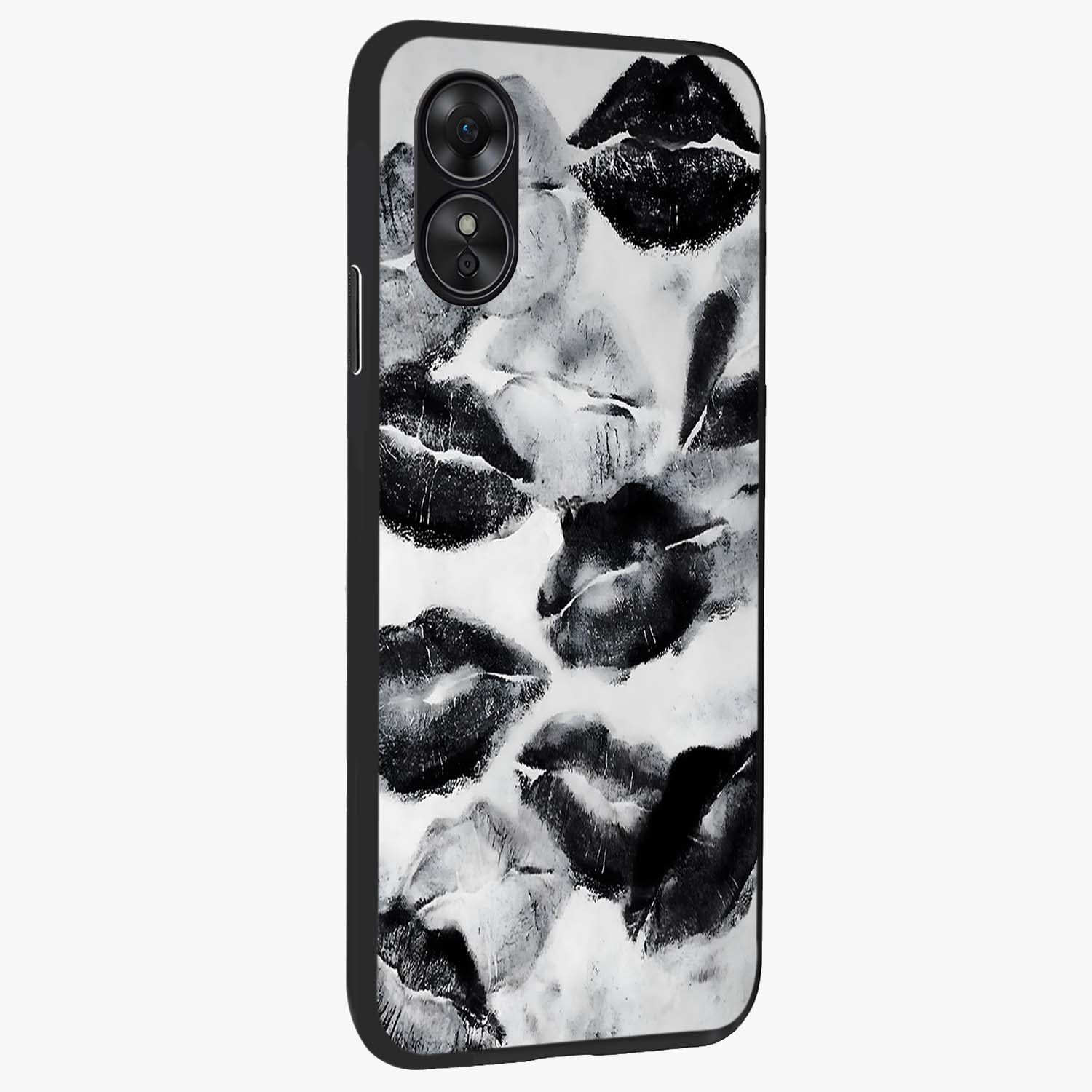 Midnight Kiss Marks Glass Case upright view showcasing stylish kiss mark artwork with trendy romantic theme.