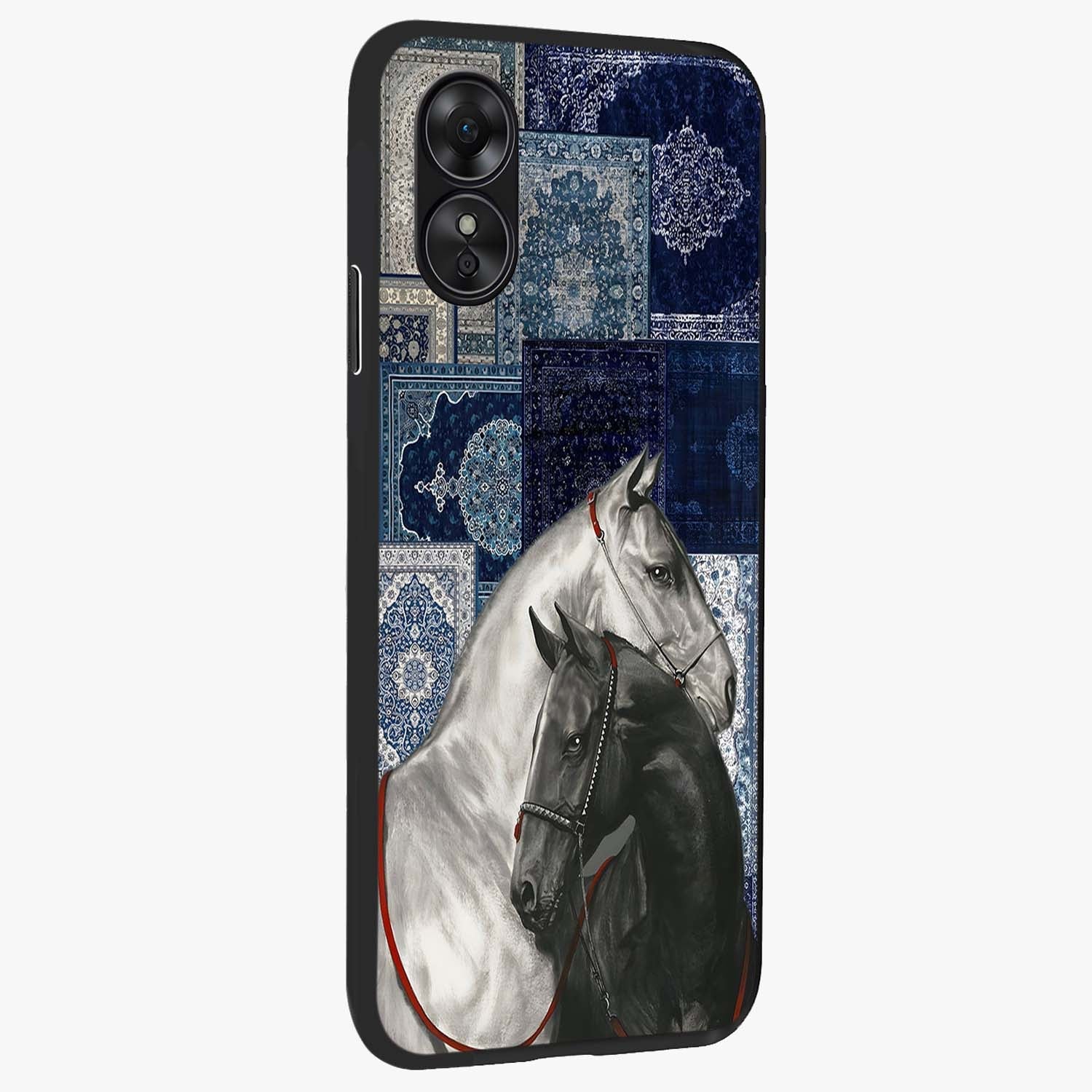 Midnight Stallion Blues Glass Case upright view showcasing dramatic horse artwork with bold artistic theme.