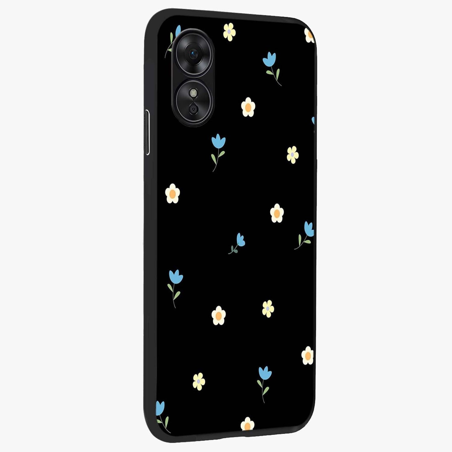 Minimal Petal Whispers Glass Case upright view showcasing elegant floral artwork with modern minimalist style.