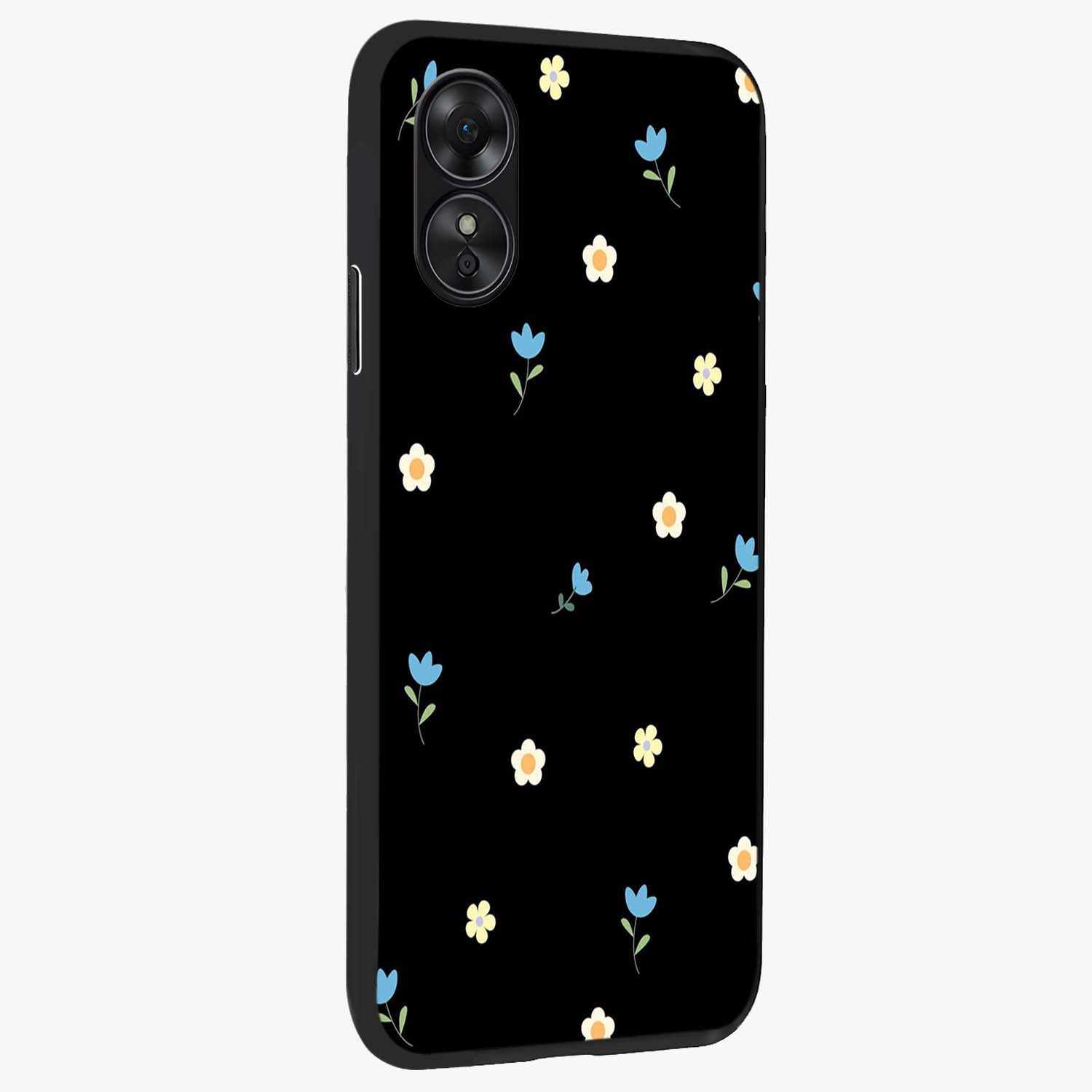 Minimal Petal Whispers Glass Case upright view showcasing elegant floral artwork with modern minimalist style.