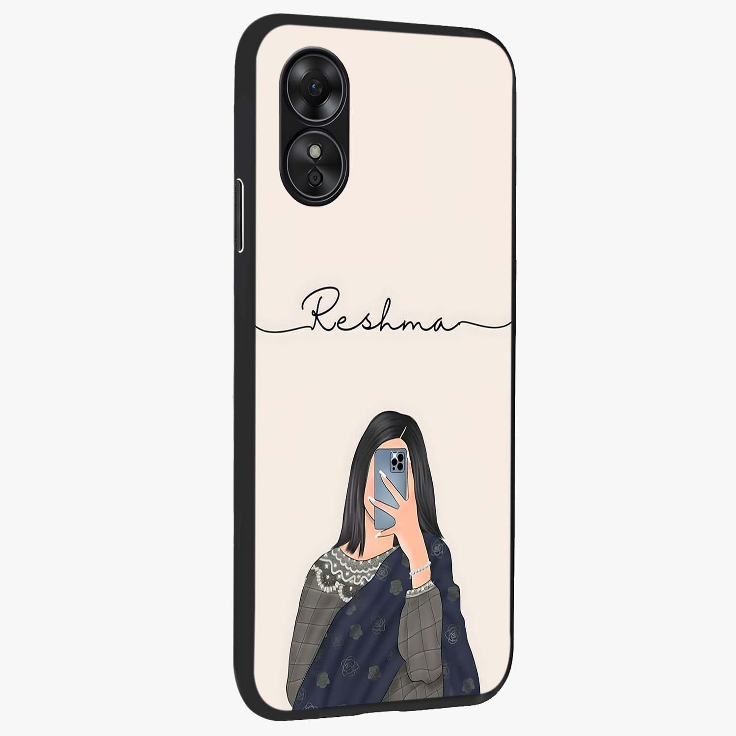 Mirror Mood Muse With Custom Name Glass Case upright view showcasing artistic mirror themed artwork with personalized aesthetic.