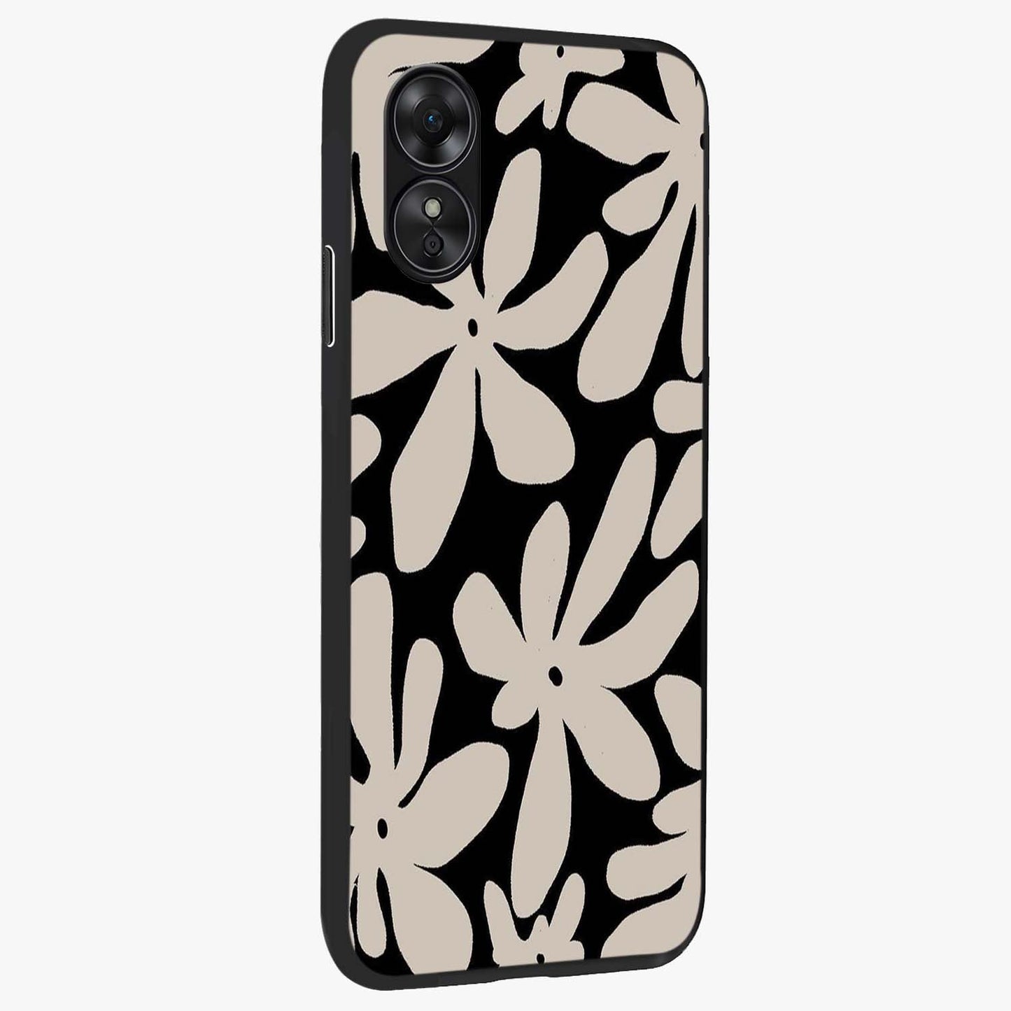 Monochrome Petal Dance Glass Case upright view showcasing artistic floral pattern with stylish monochrome theme.