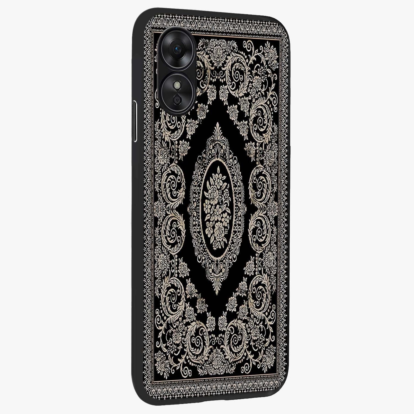 Noir Bloom Elegance Glass Case upright view showcasing graceful floral artwork with luxurious dark theme.