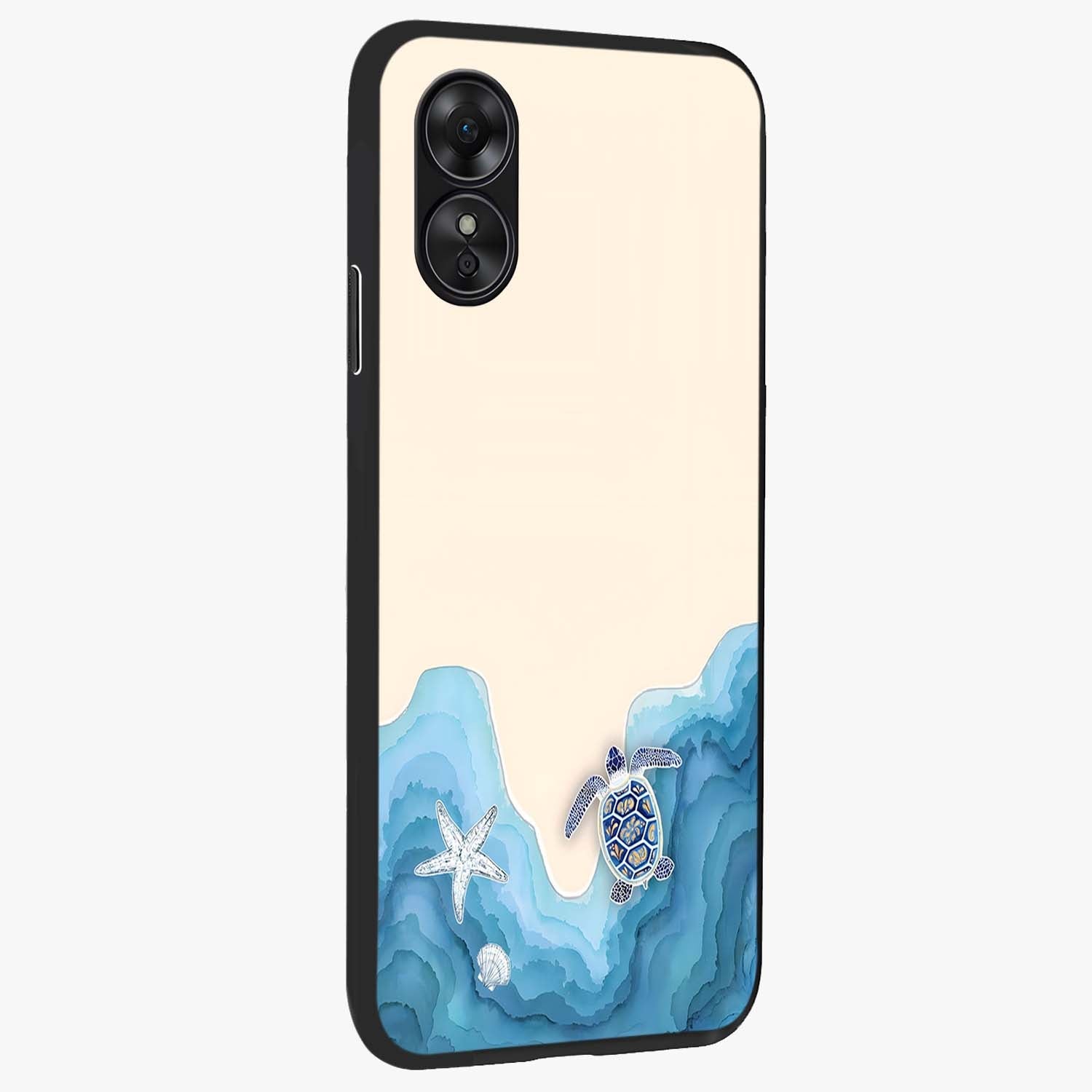 Ocean Drift Turtle Glass Case upright view showcasing calm underwater turtle artwork with nature inspired theme.
