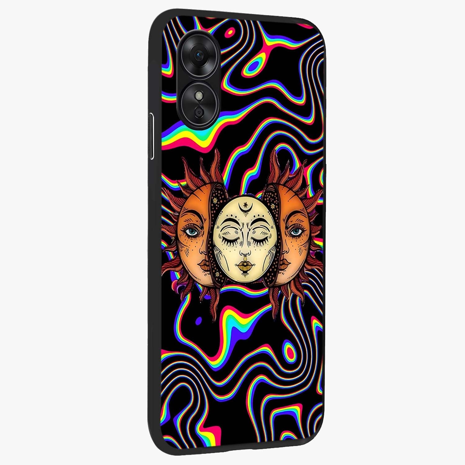 Psychedelic Sun Glass Case upright view showcasing trippy sun artwork with bold psychedelic theme.