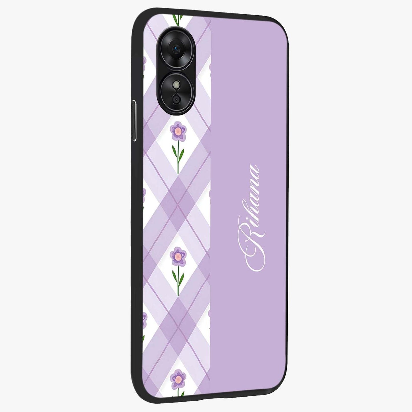 Purple Diamond Floral Glass Case upright view showcasing vibrant floral artwork with stylish geometric theme.