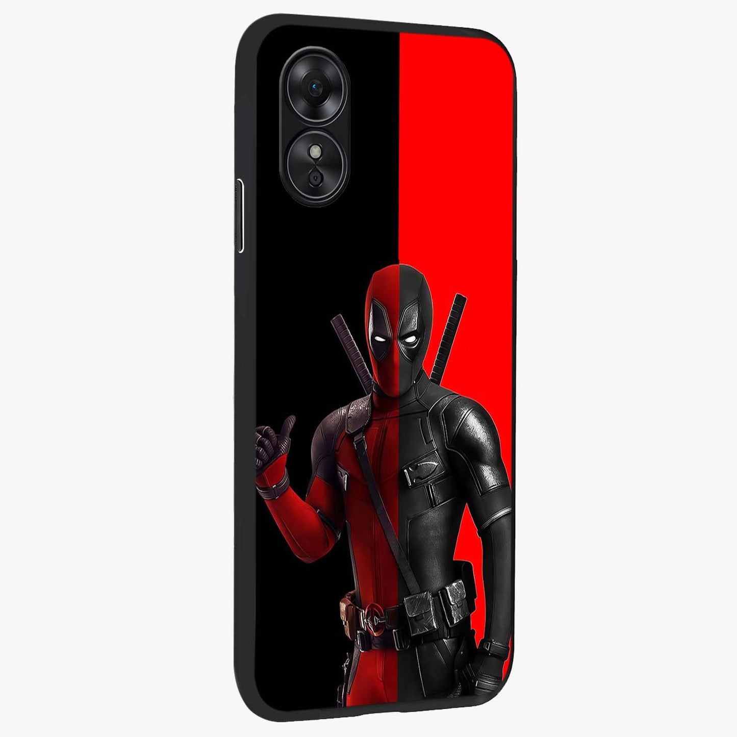 Red & Black Deadpool Theme Glass Case upright view showcasing energetic comic themed artwork with striking red and black design.