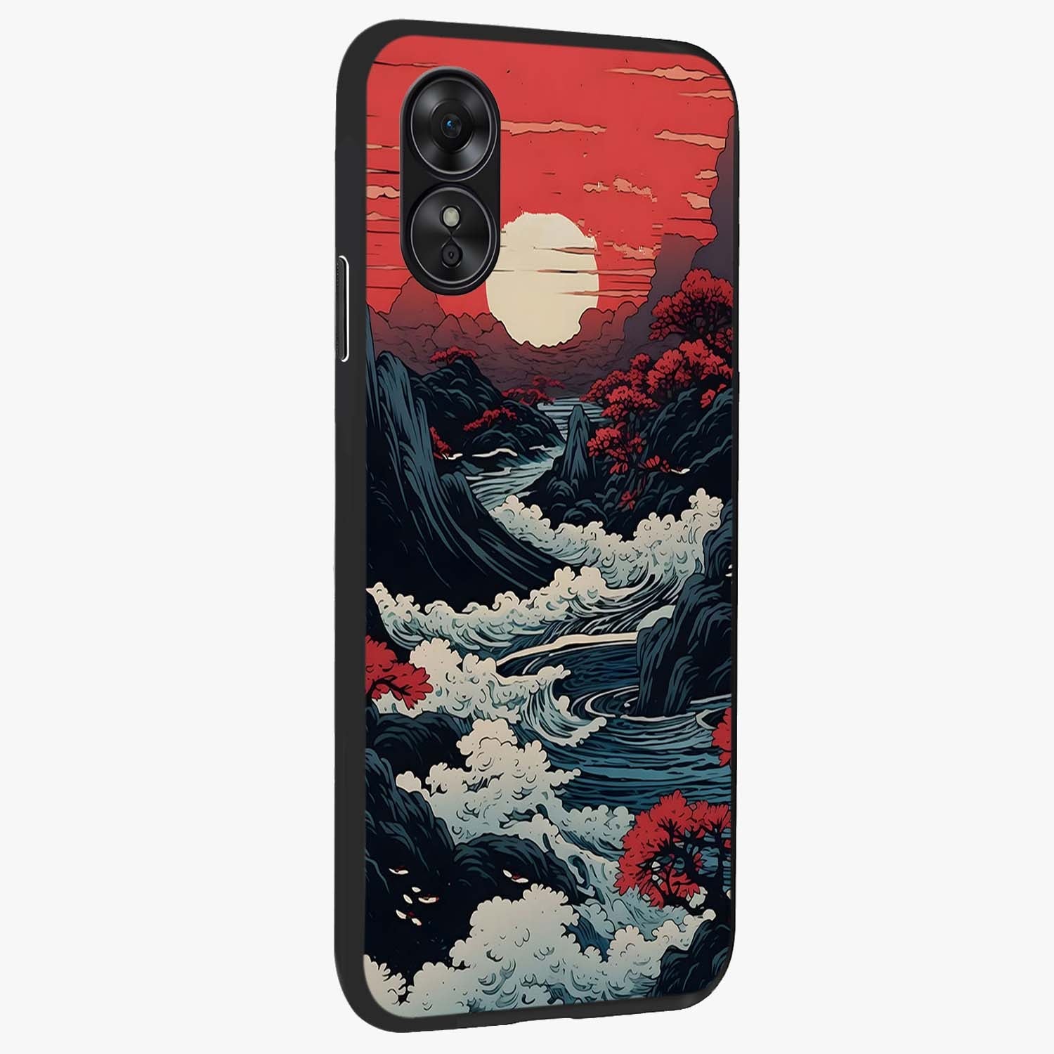 Red Sunset Scenery Glass Case upright view showcasing dramatic sunset scenery artwork with warm nature theme.