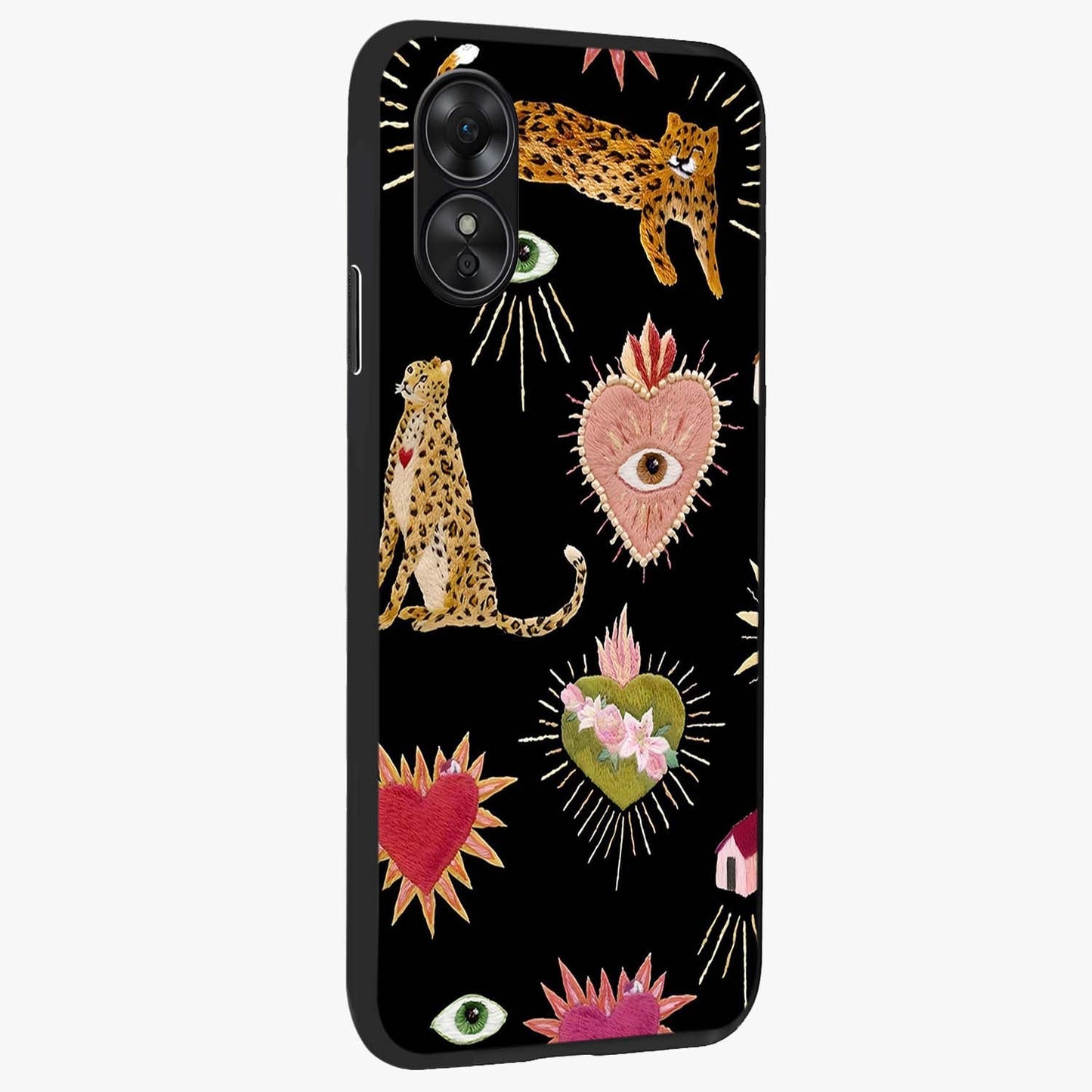 Sacred Jungle Heart Glass Case upright view showcasing vibrant jungle artwork with symbolic heart theme.