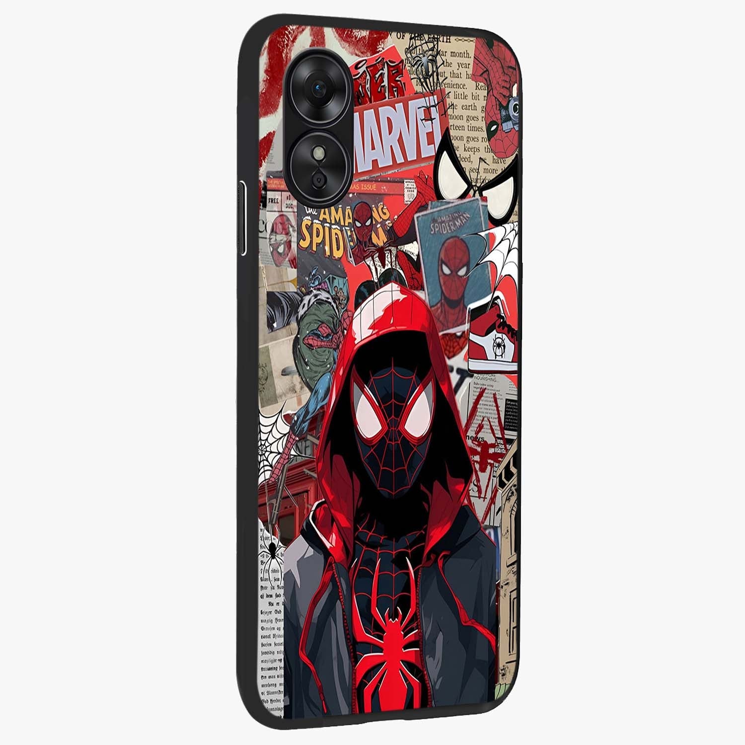 Spider Collage Street Glass Case upright view showcasing bold superhero artwork with urban street theme.