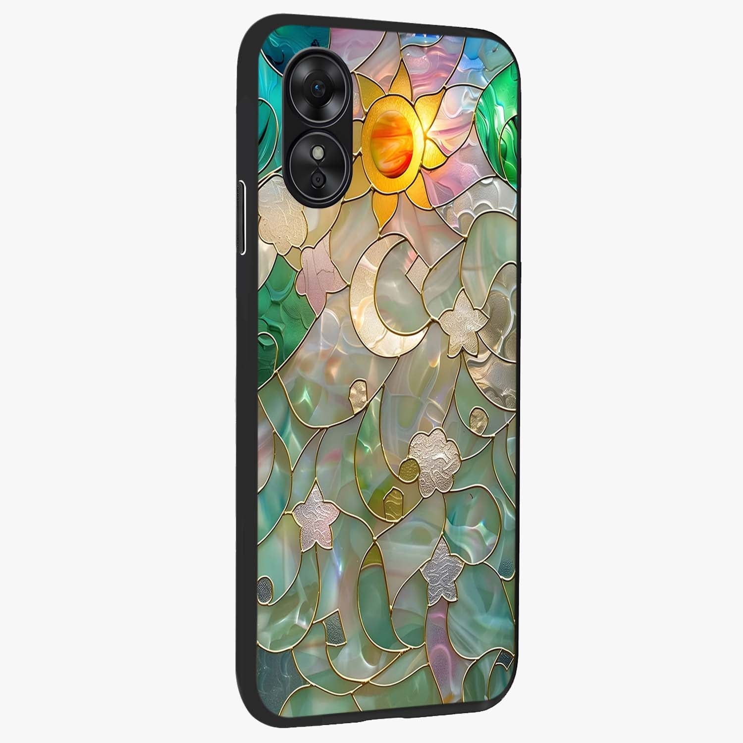 Stained Sunrise Glow Glass Case upright view showcasing colorful sunrise artwork with warm morning theme.