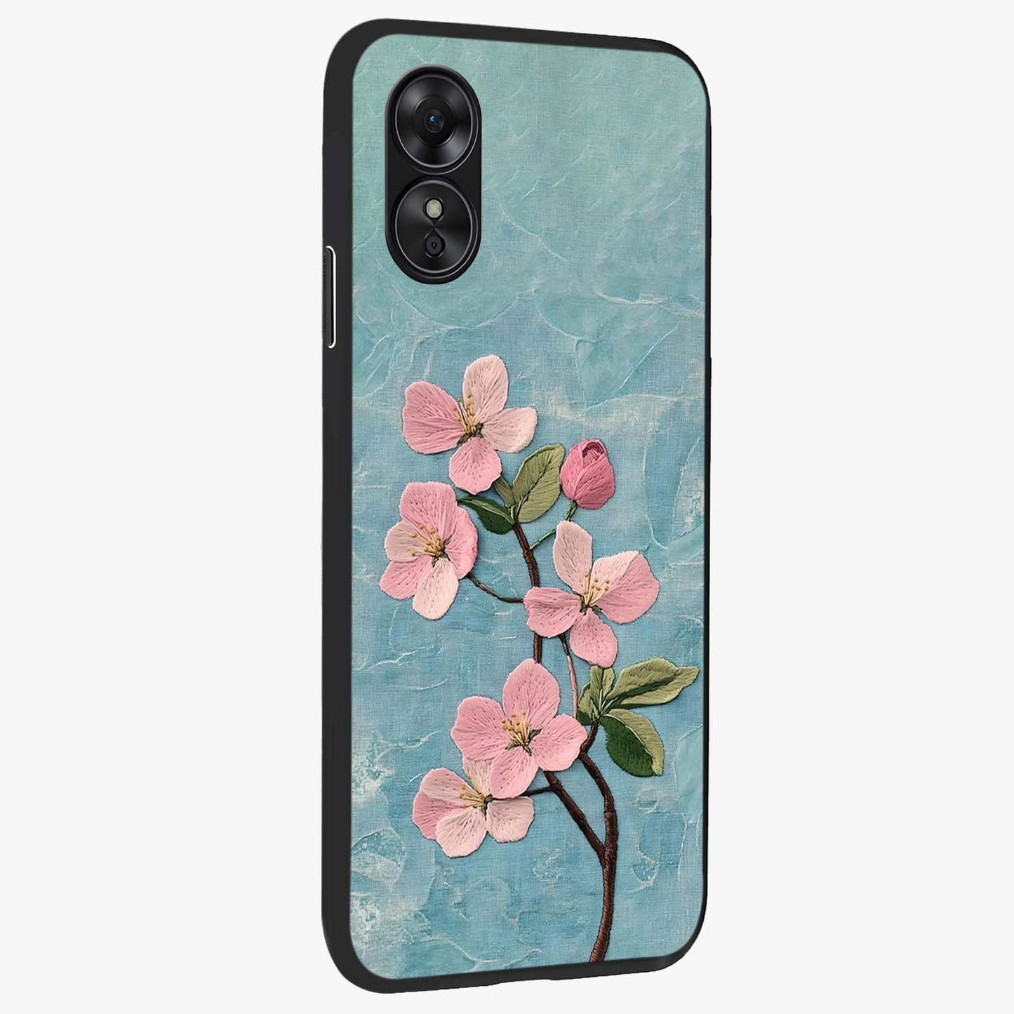 Threaded Blossom Breeze Glass Case upright view showcasing graceful flower artwork with calm botanical theme.