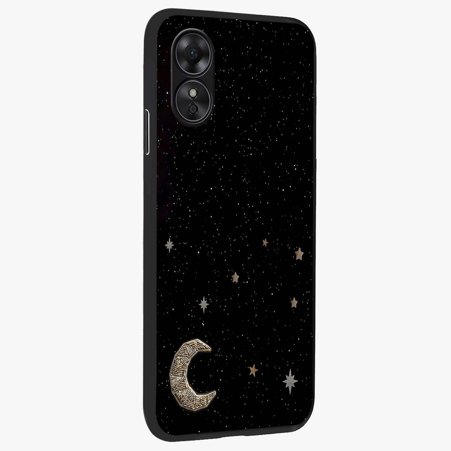 Twinkle Star With Half Moon Glass Case upright view showcasing glowing cosmic artwork with dreamy night theme.
