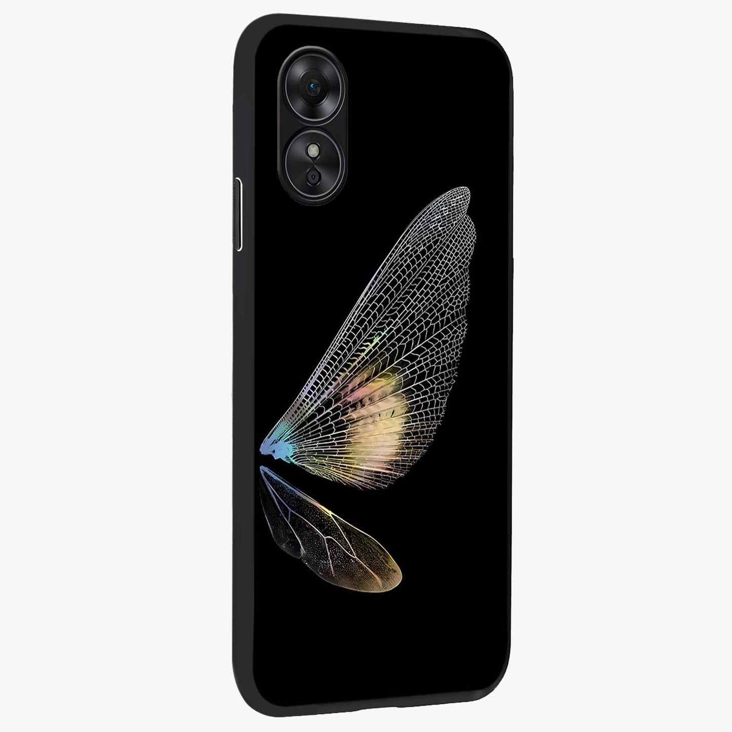 Whispers Of Wings Glass Case upright view showcasing elegant wing artwork with light airy theme.