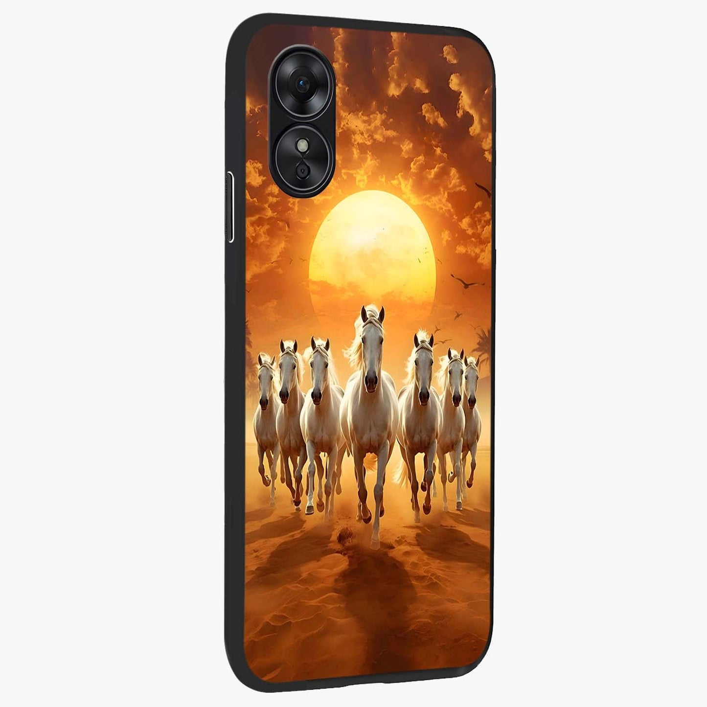 Wild Sunset Majesty Glass Case upright view showcasing dramatic sunset artwork with bold nature theme.
