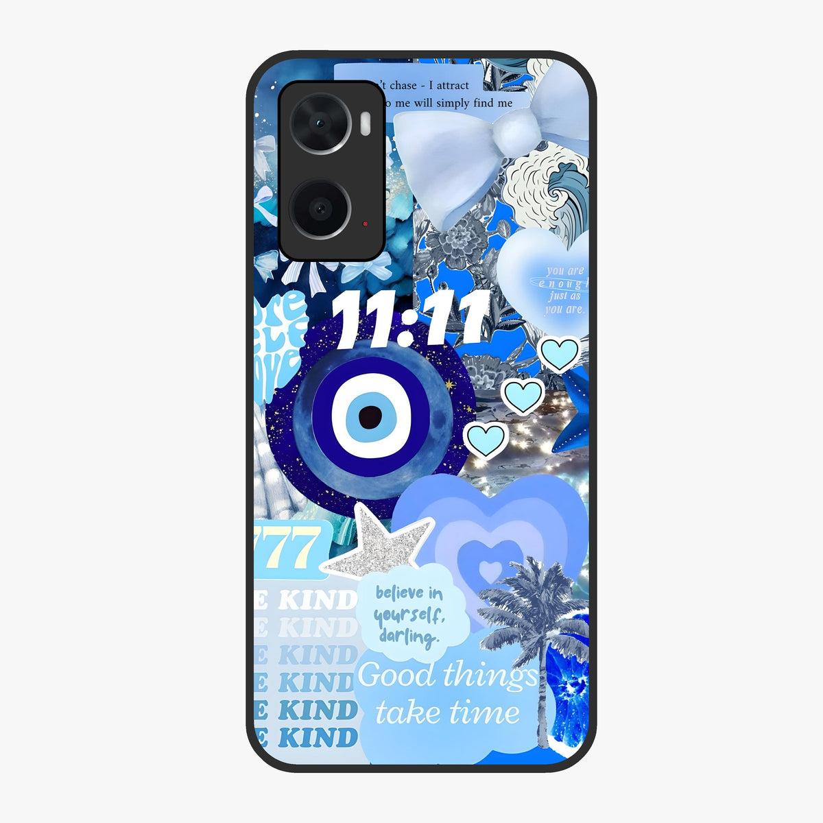 Aesthetic Be Kind Eye Glass Case showing flat back view with motivational eye artwork and glossy glass finish.