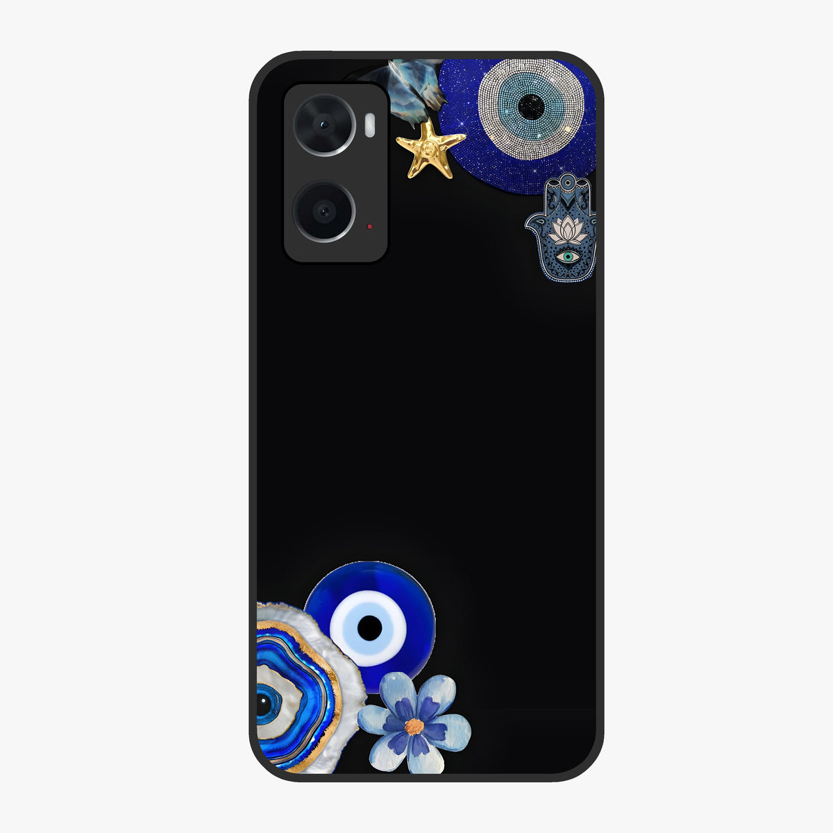 Aesthetic Blue Evil Eye Glass Case showing flat back view with protective evil eye artwork and glossy glass finish.