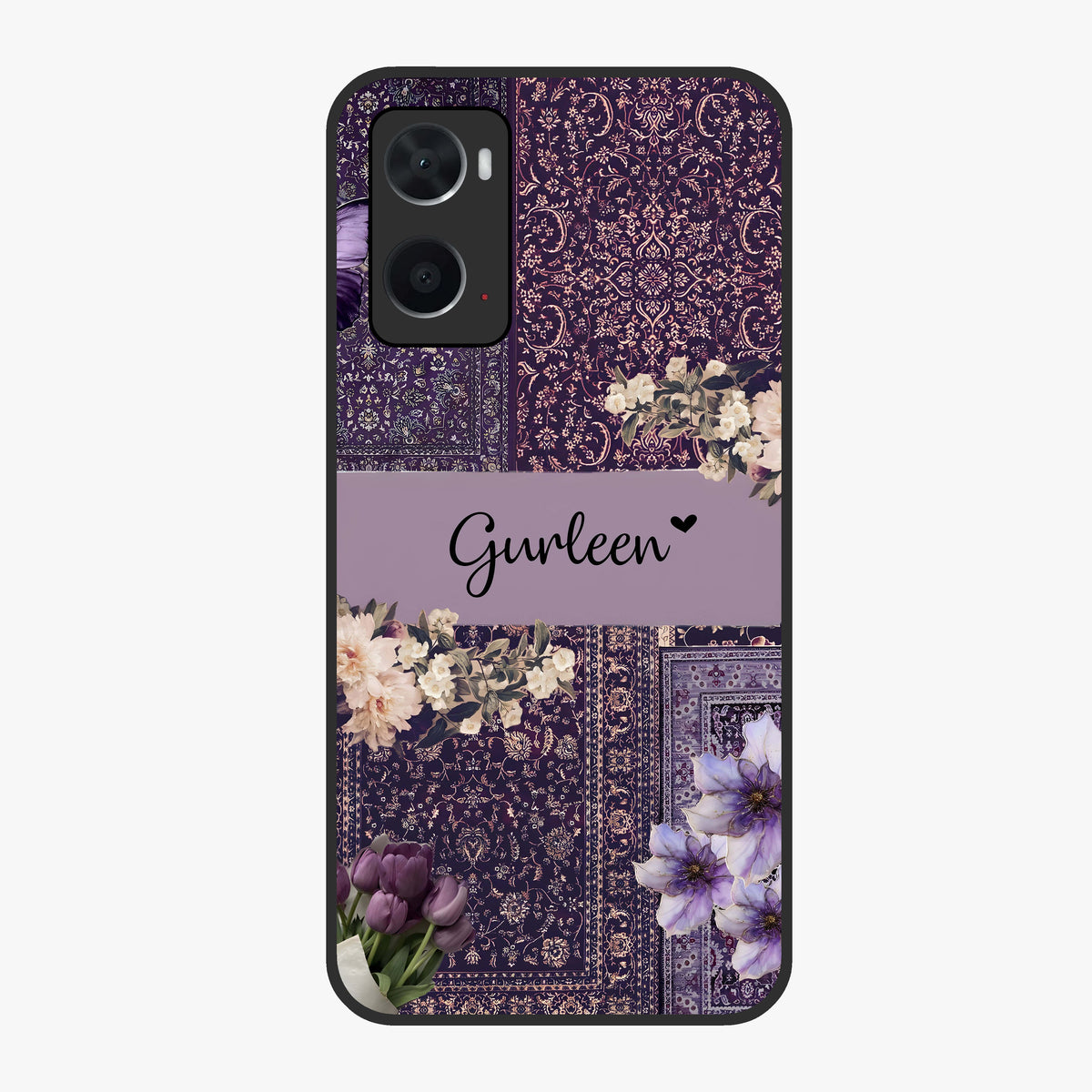 Antique Floral Whisper Custom Name Glass Case showing flat back view with vintage floral artwork and personalized name design.
