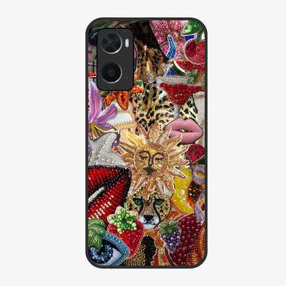 Beaded Fashion Jungle Glass Case showing flat back view with vibrant jungle inspired bead artwork and glossy glass finish.