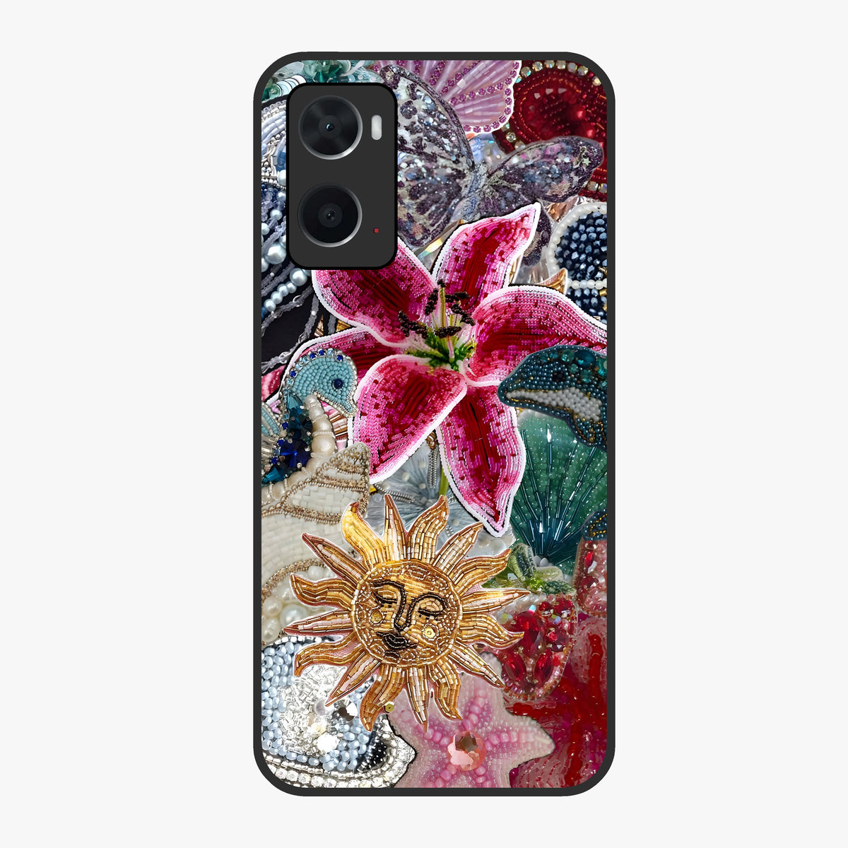 Beaded Garden Fantasy Glass Case showing flat back view with dreamy garden bead artwork and glossy glass finish.