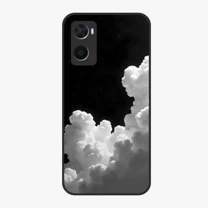 Black Background With White Cloud Glass Case showing flat back view with minimal cloud artwork on dark background and glossy glass finish.