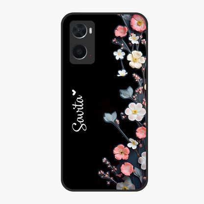 Black Elegance Floral Custom Name Glass Case showing flat back view with elegant floral artwork and personalized name design.