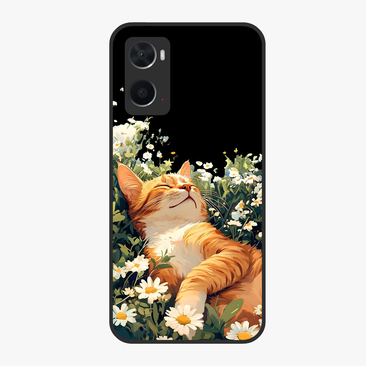 Blissful Bloom Cat Glass Case showing flat back view with cute cat and floral bloom artwork and glossy glass finish.