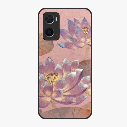 Blossom Mist Lotus Glass Case showing flat back view with serene lotus blossom artwork and glossy glass finish.