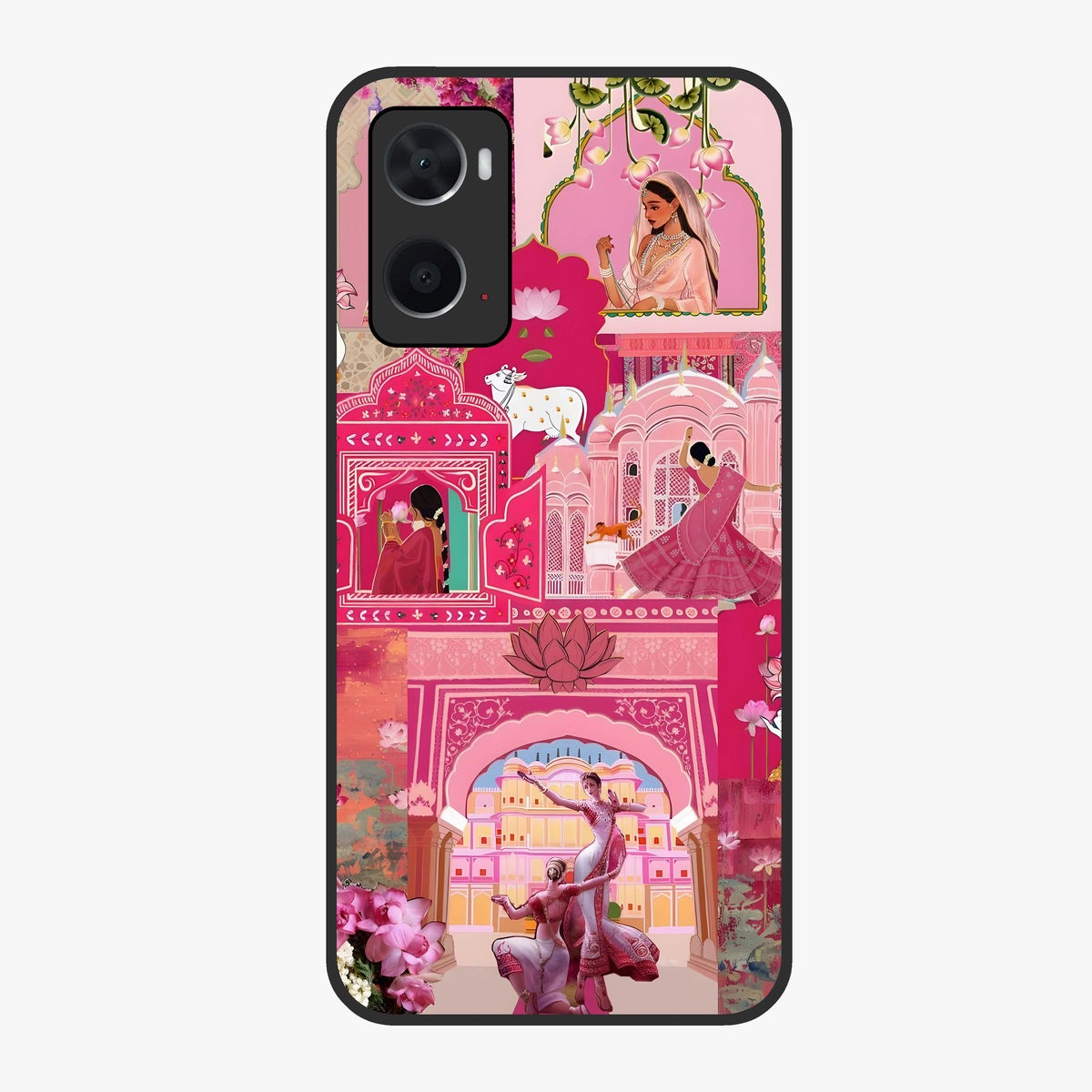 Blossoms of Rajasthan Glass Case showing flat back view with traditional floral artwork inspired by Rajasthan and glossy glass finish.