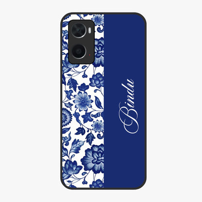 Blue Vintage Floral Pattern Glass Case upright view showcasing timeless floral illustration with vintage inspired style.