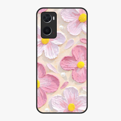Blush Bloom Texture Glass Case showing flat back view with soft blush floral texture artwork and glossy glass finish.