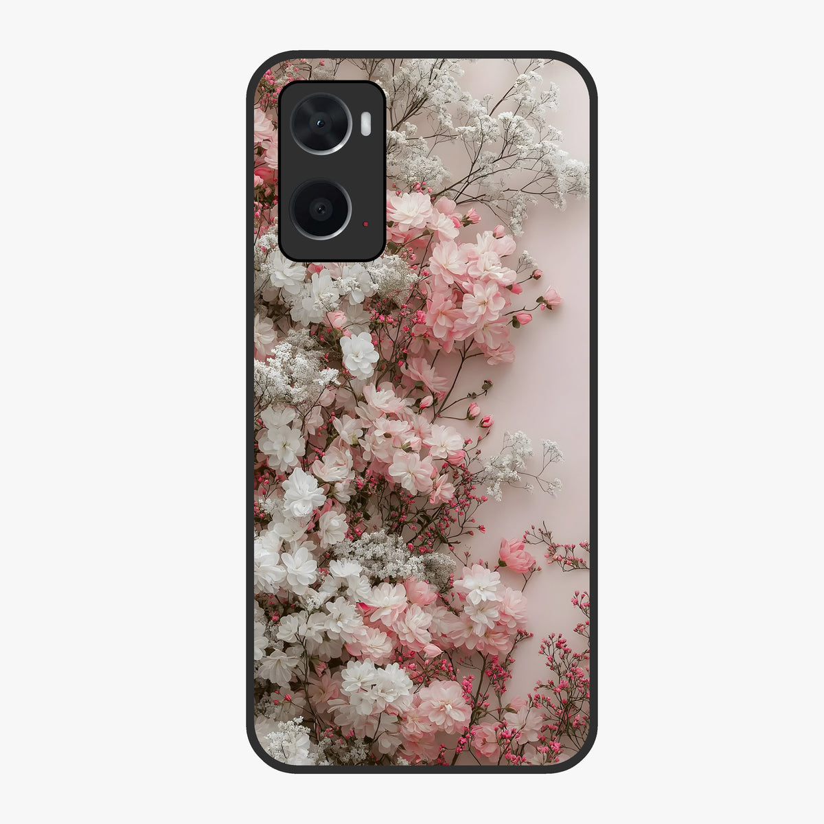 Blush Blossom Cloud Glass Case showing flat back view with dreamy blush cloud blossom artwork and glossy glass finish.