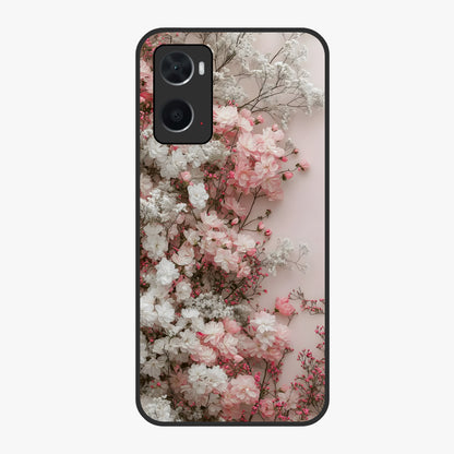 Blush Blossom Cloud Glass Case showing flat back view with dreamy blush cloud blossom artwork and glossy glass finish.