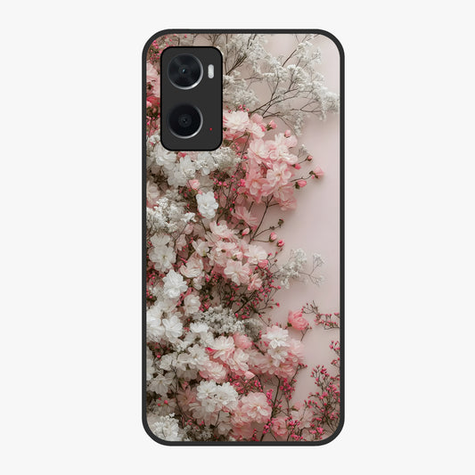Blush Blossom Cloud Glass Case showing flat back view with dreamy blush cloud blossom artwork and glossy glass finish.