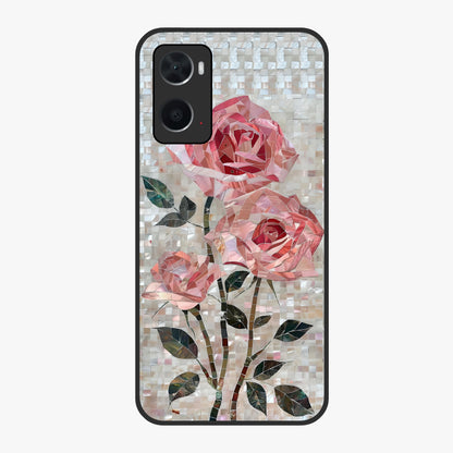 Blush Mosaic Bloom Glass Case showing flat back view with mosaic floral bloom artwork and glossy glass finish.