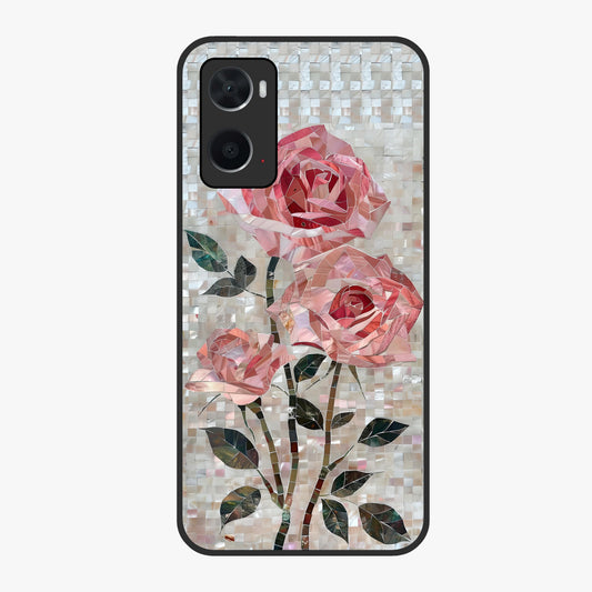 Blush Mosaic Bloom Glass Case showing flat back view with mosaic floral bloom artwork and glossy glass finish.
