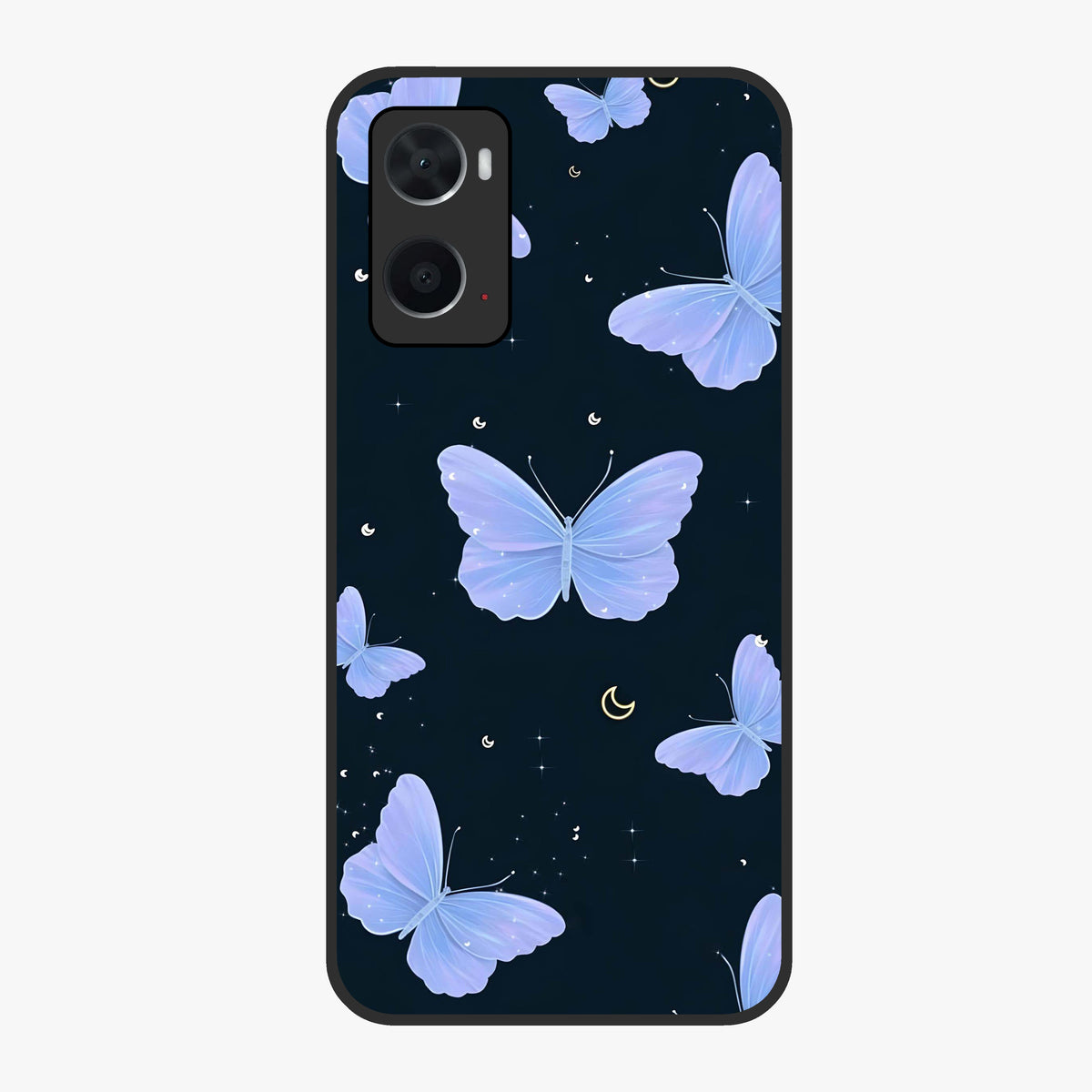 Butterfly With Stars Pattern Glass Case showing flat back view with butterfly and star pattern artwork and glossy glass finish.